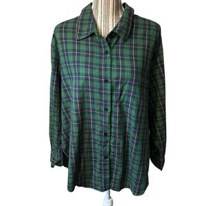 Zara Shirt Large Green Blue Plaid Long-Sleeve Button Down 100% Cotton Oversized